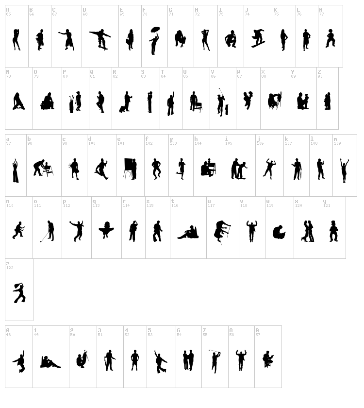 Human Silhouettes Free Seven font map